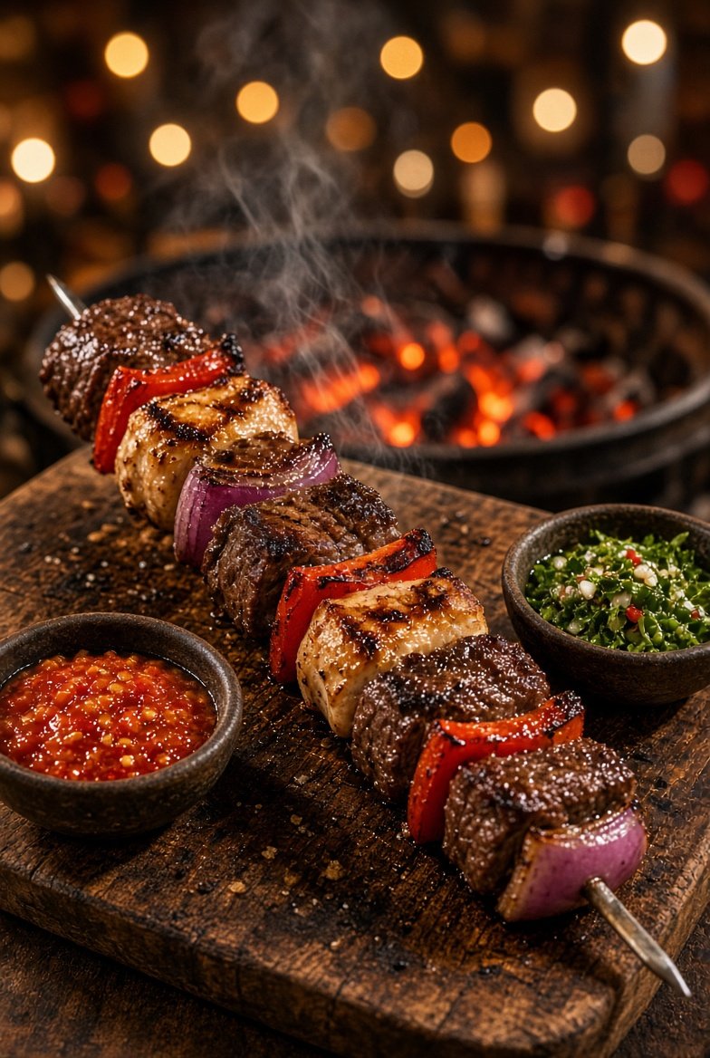 Pinchos al carbón artesanales con carnes jugosas y vegetales frescos para la promoción Zetaeneohh